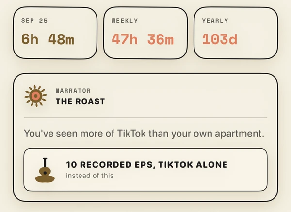A sample Screen Receipts receipt for Sep 25: the day, the week and the year of screen time, read out by The Roast narrator